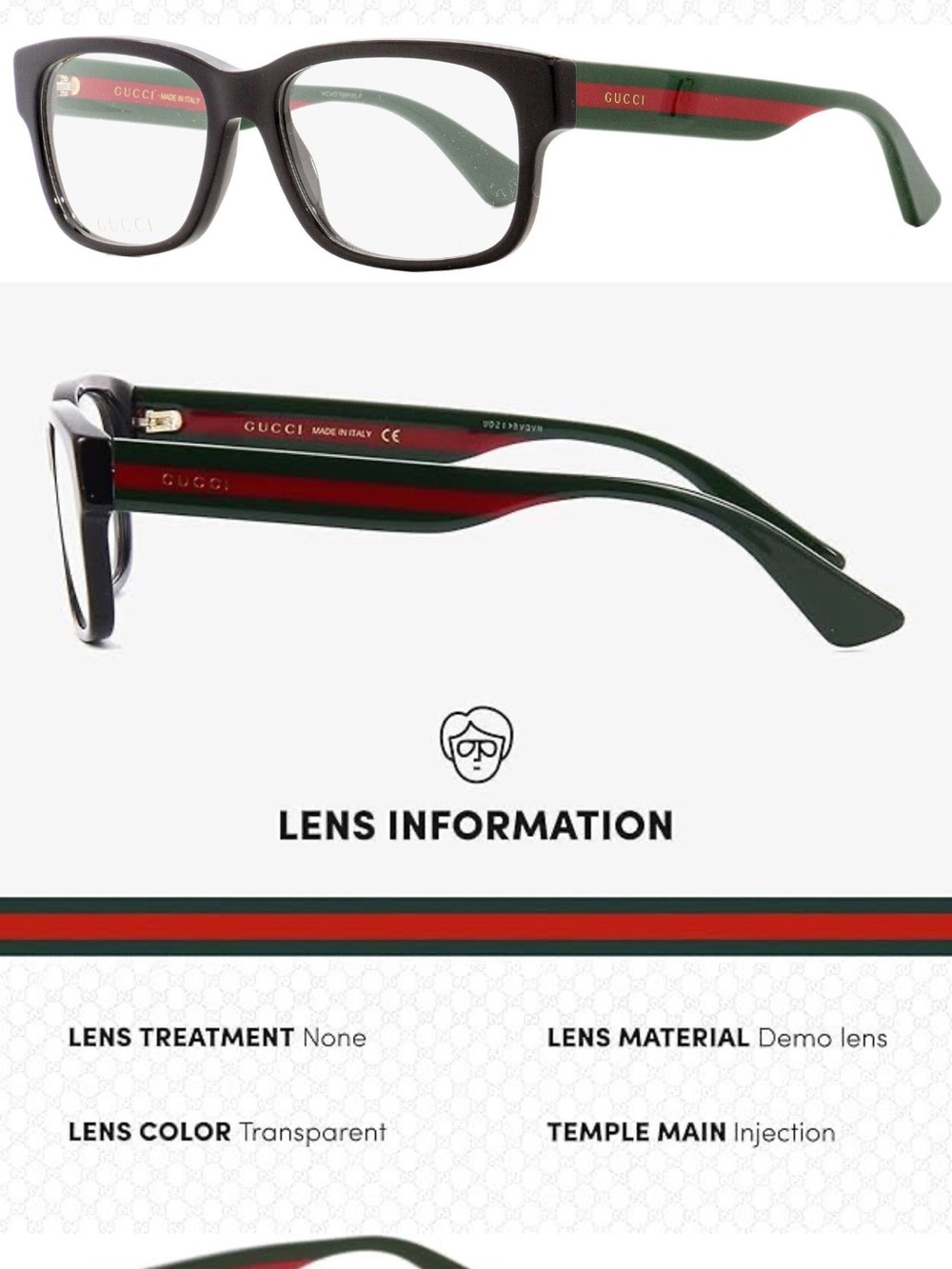 Gucci Black Rectangular Eyeglasses with Green & Red Temple Stripes